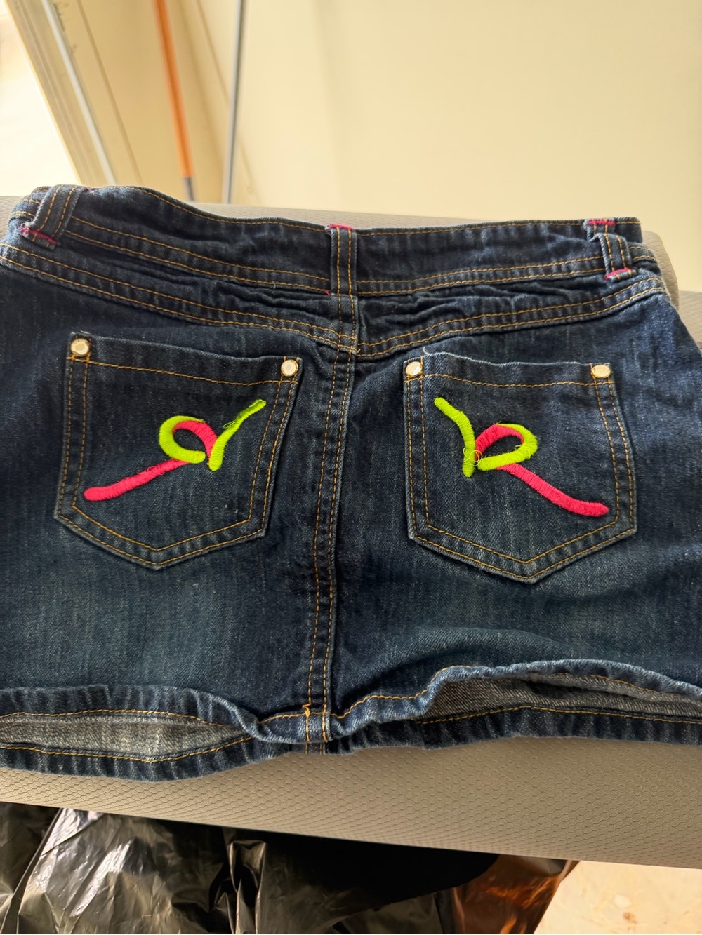 Rocawear Dark Blue Denim Shorts with Neon Pink & Neon Green Pocket Embroidery